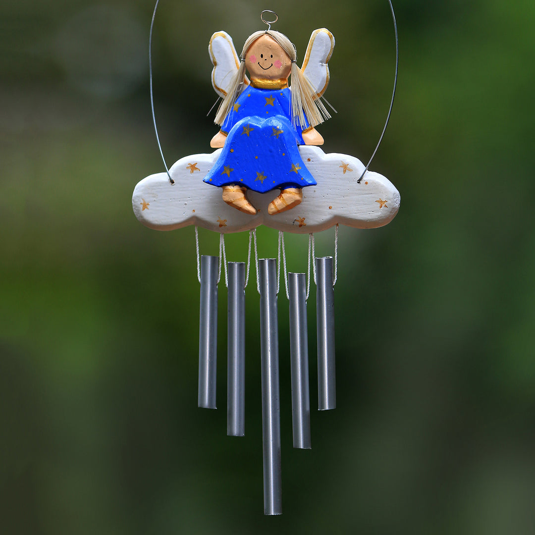 Angel-Themed Wood Wind Chime in Blue from Bali - Angel Tune in Blue