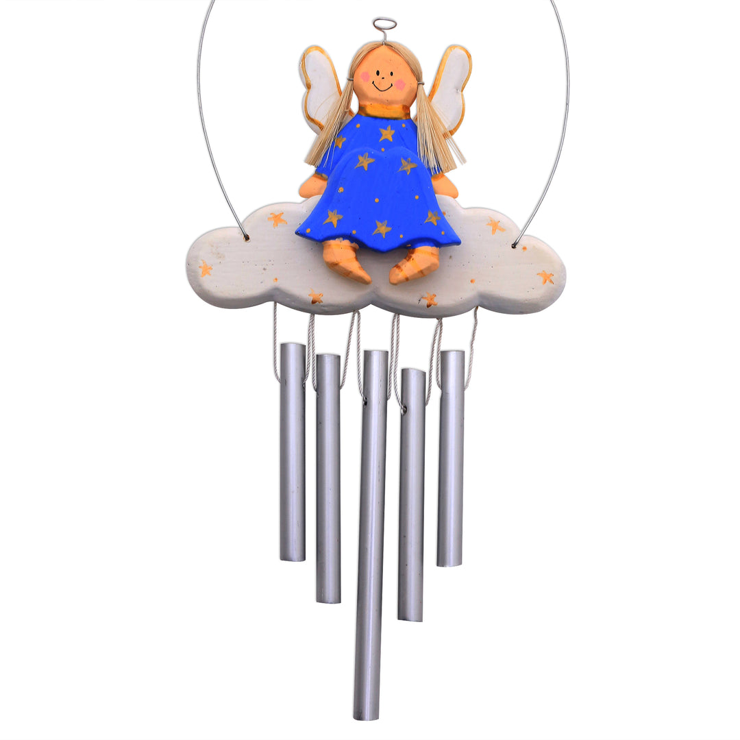 Angel-Themed Wood Wind Chime in Blue from Bali - Angel Tune in Blue