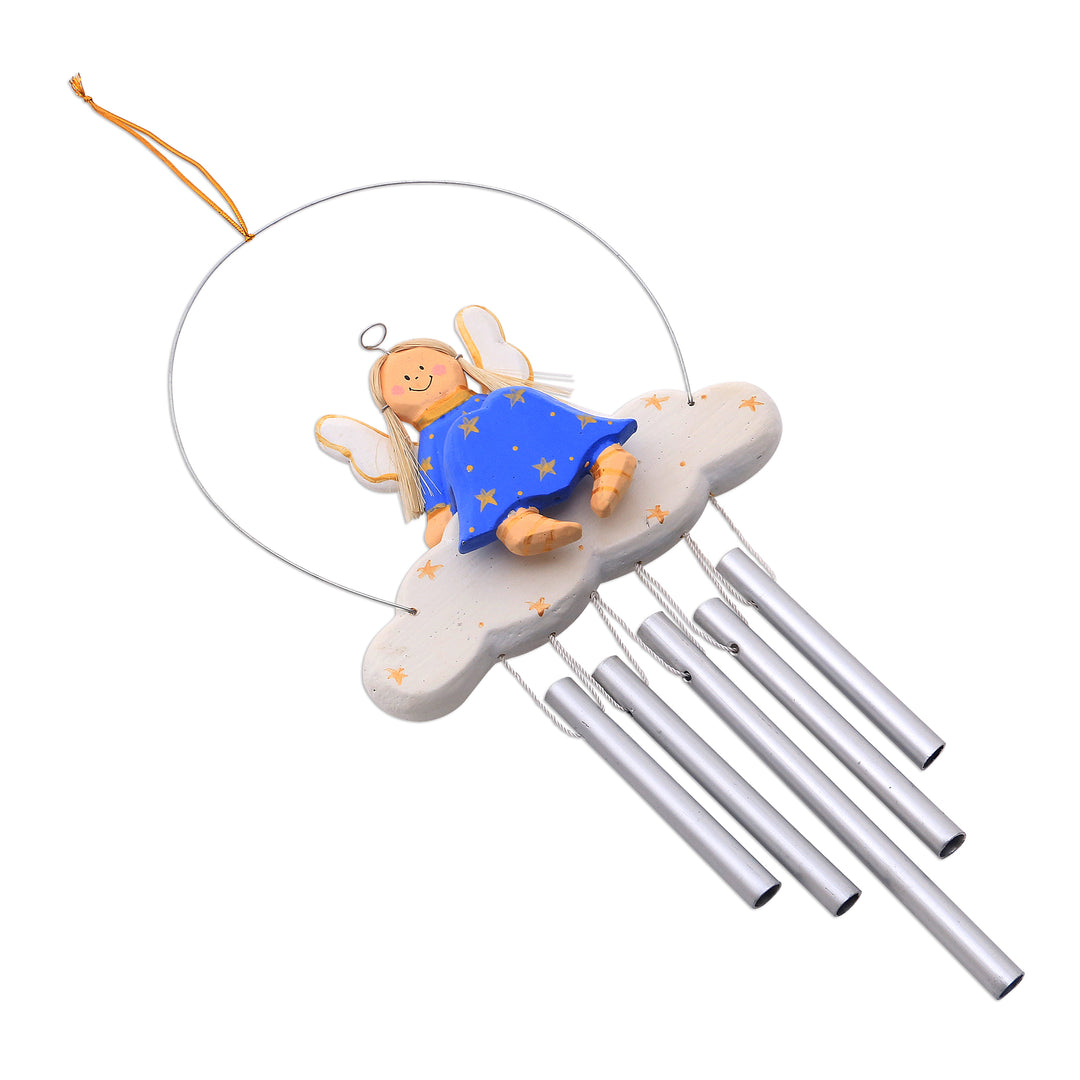 Angel-Themed Wood Wind Chime in Blue from Bali - Angel Tune in Blue