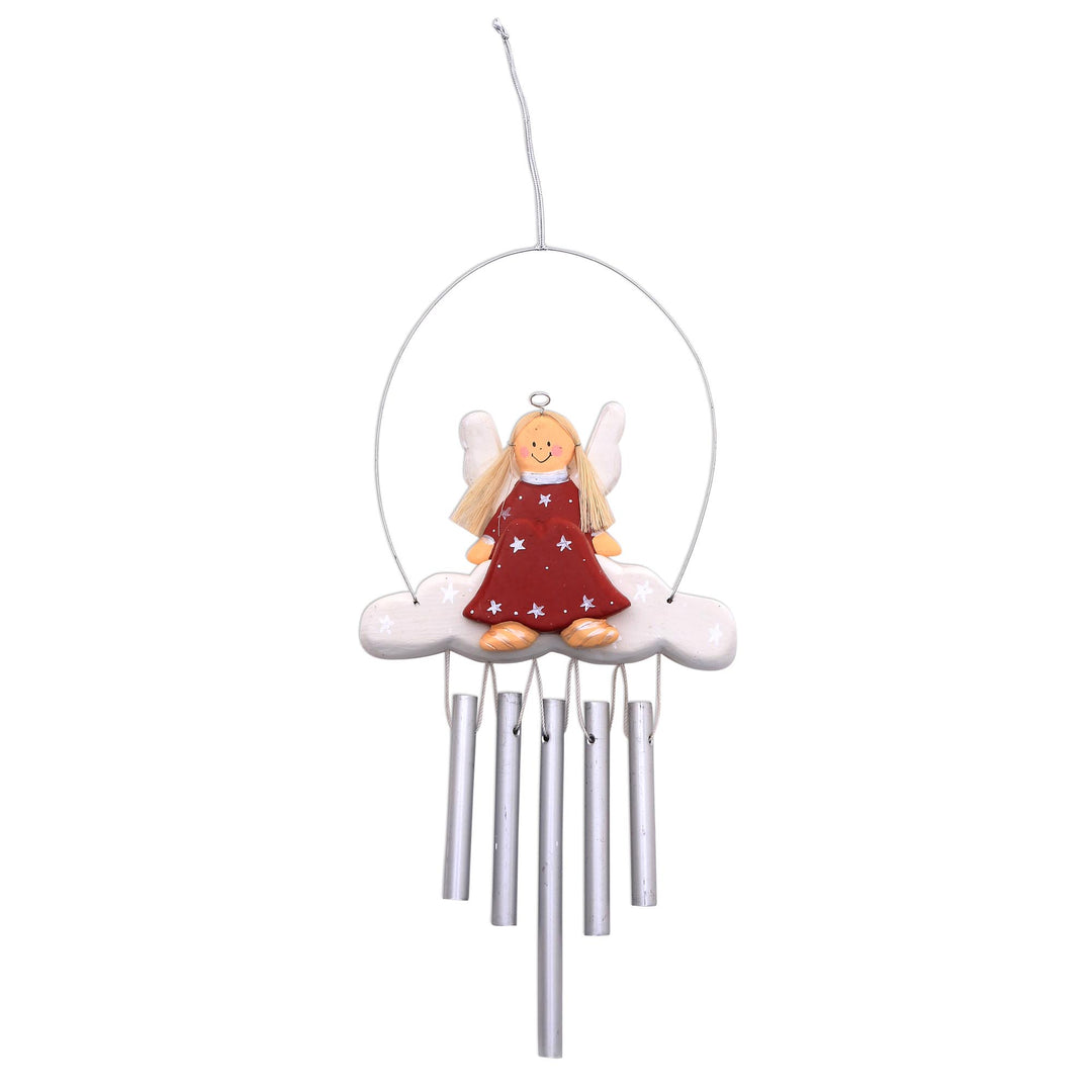 Angel-Themed Wood Wind Chimes in Red from Bali - Angel Tune in Red