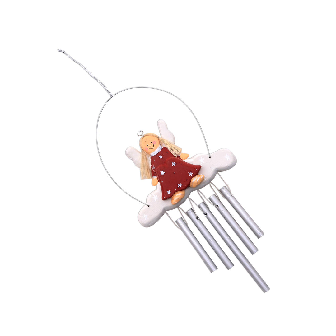 Angel-Themed Wood Wind Chimes in Red from Bali - Angel Tune in Red