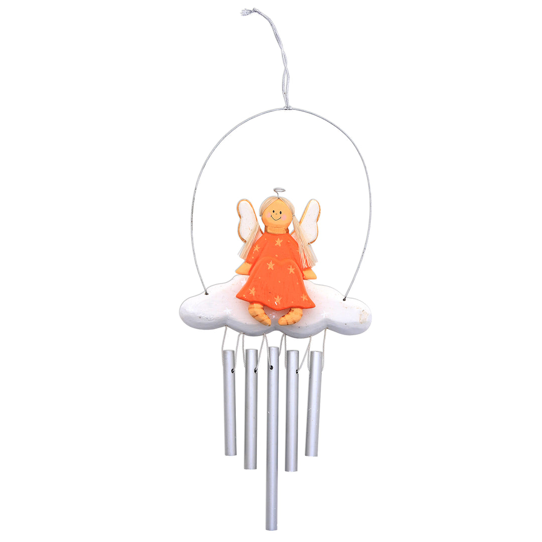 Angel-Themed Wood Wind Chime in Orange from Bali - Angel Tune in Orange
