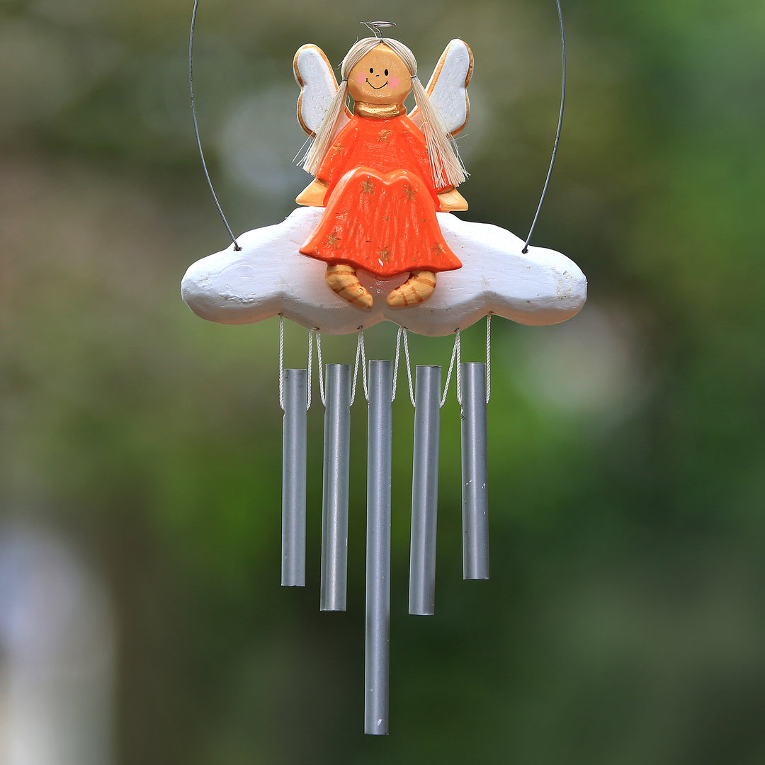 Angel-Themed Wood Wind Chime in Orange from Bali - Angel Tune in Orange