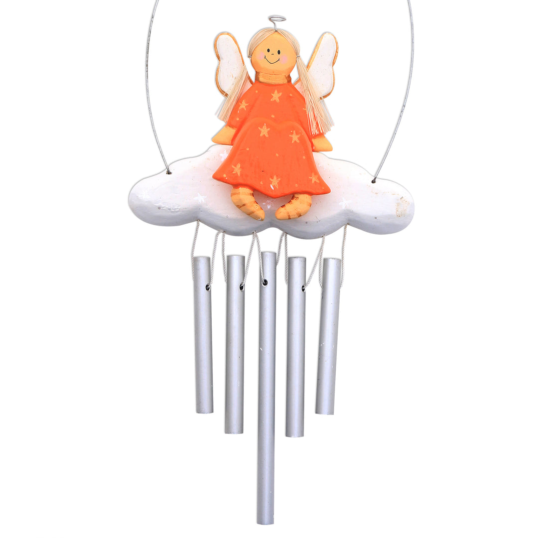 Angel-Themed Wood Wind Chime in Orange from Bali - Angel Tune in Orange