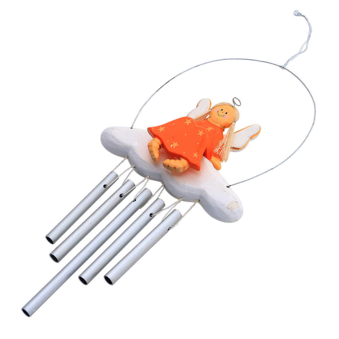 Angel-Themed Wood Wind Chime in Orange from Bali - Angel Tune in Orange