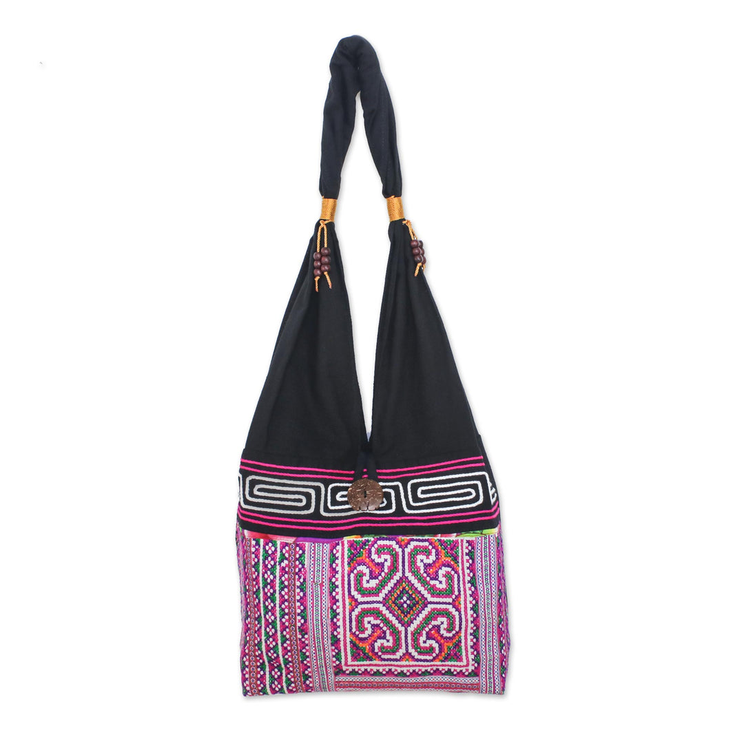 Pink and Black Boho-Chic Cotton Shoulder Bag from Thailand - Thai Brilliance
