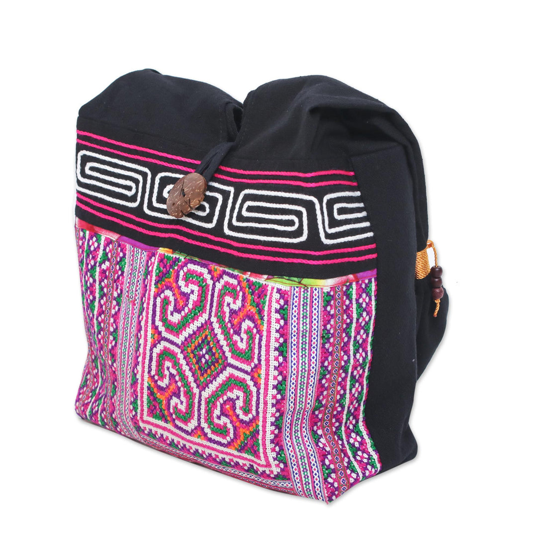 Pink and Black Boho-Chic Cotton Shoulder Bag from Thailand - Thai Brilliance