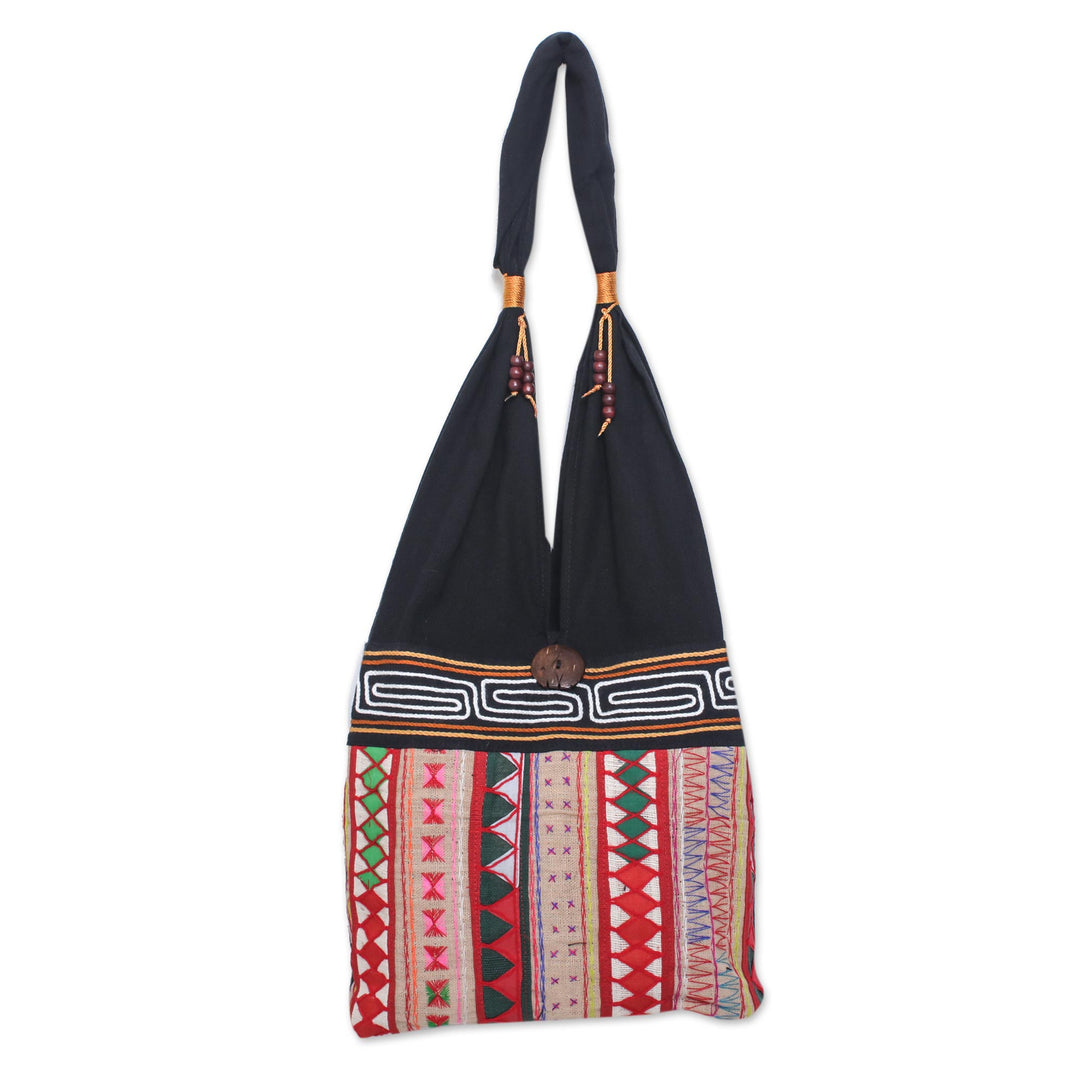 Thai Multicolored Cotton Shoulder Bag with Geometric Motif - Thai Wanderer