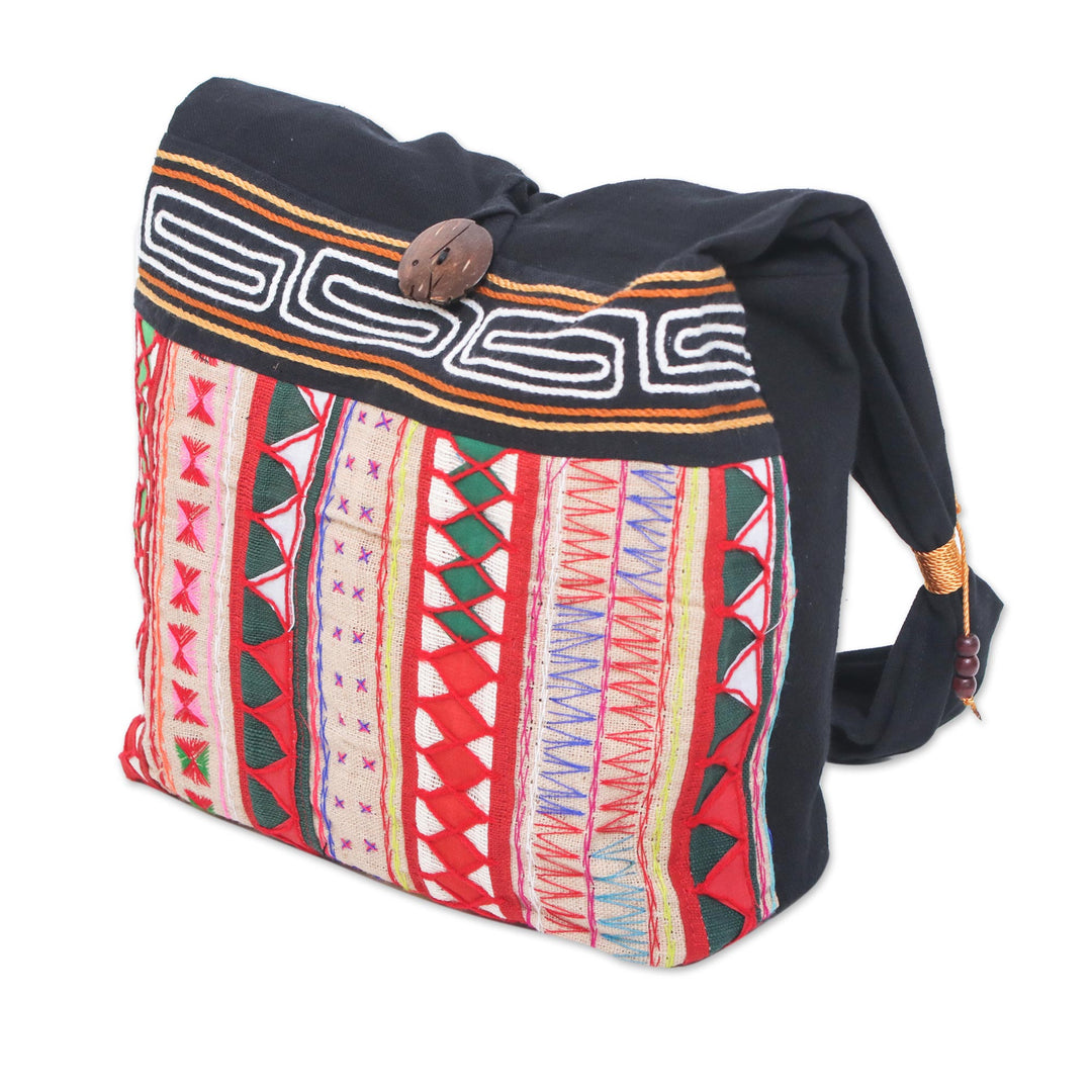 Thai Multicolored Cotton Shoulder Bag with Geometric Motif - Thai Wanderer