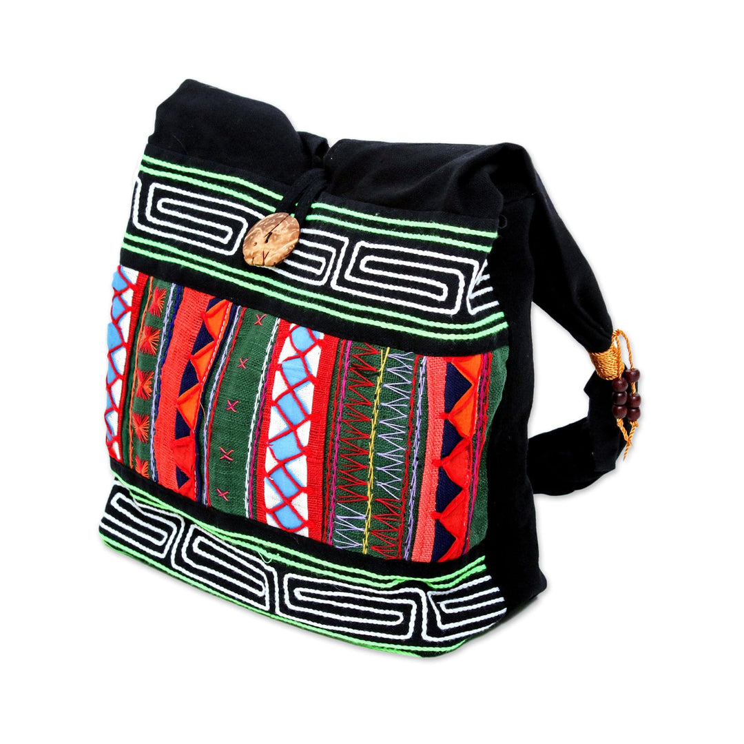 Thai Multicolored Cotton Shoulder Bag with Geometric Motif - Ardent Thai
