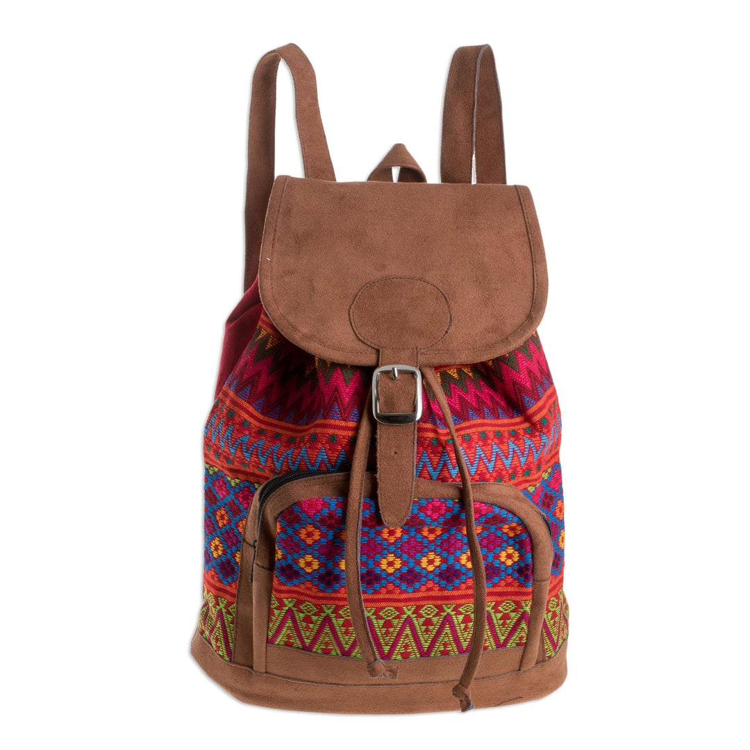 Zigzag Motif Handwoven Cotton Backpack from Guatemala - Flowers of Comalapa