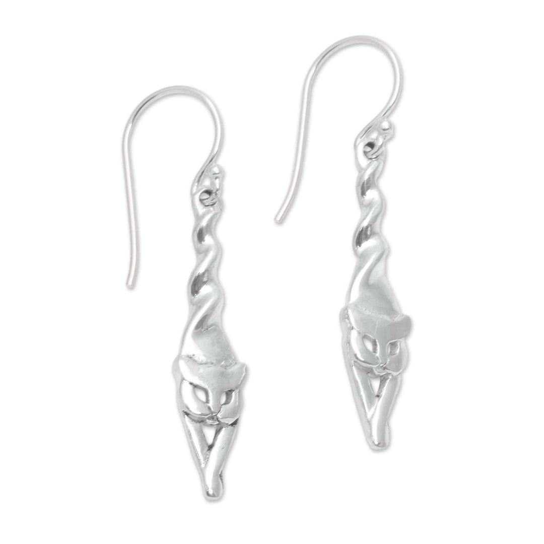 Sterling Silver Cat Dangle Earrings Crafted in Bali - Kitty Stretch