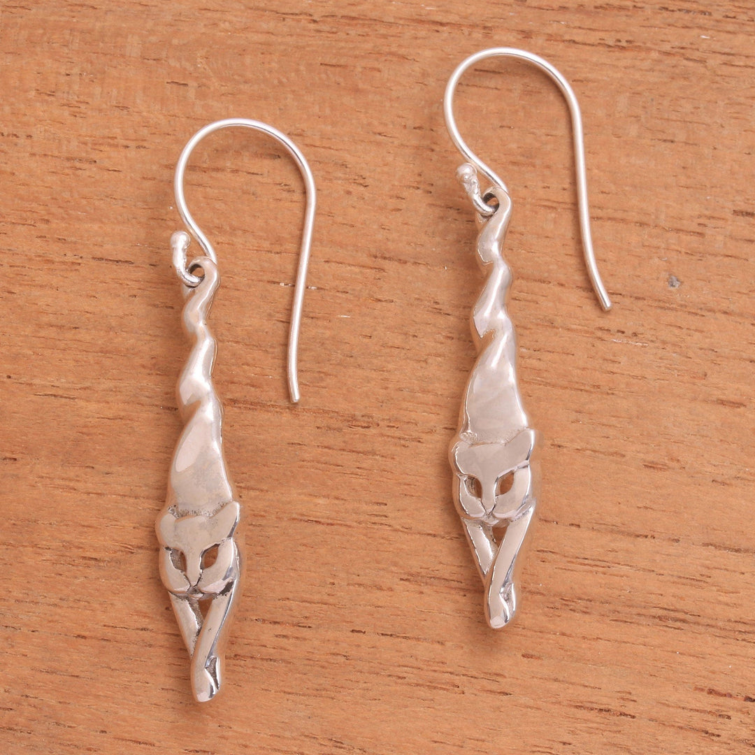 Sterling Silver Cat Dangle Earrings Crafted in Bali - Kitty Stretch