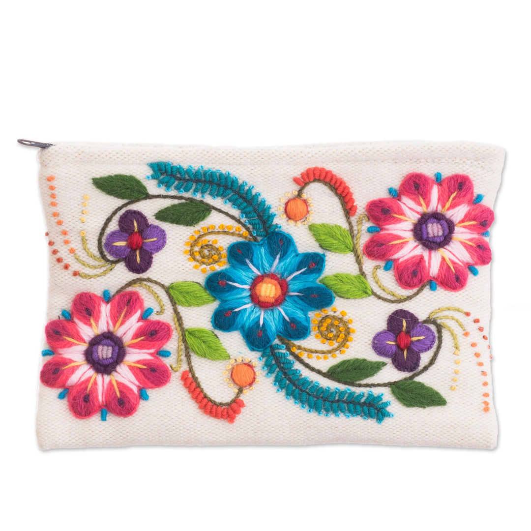 Floral Embroidered Alpaca Blend Clutch in Eggshell from Peru - Vibrant Flowers