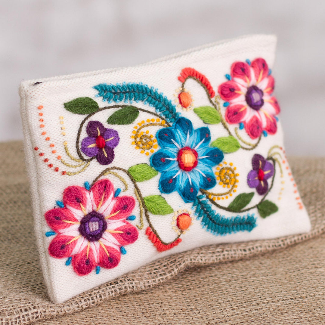 Floral Embroidered Alpaca Blend Clutch in Eggshell from Peru - Vibrant Flowers