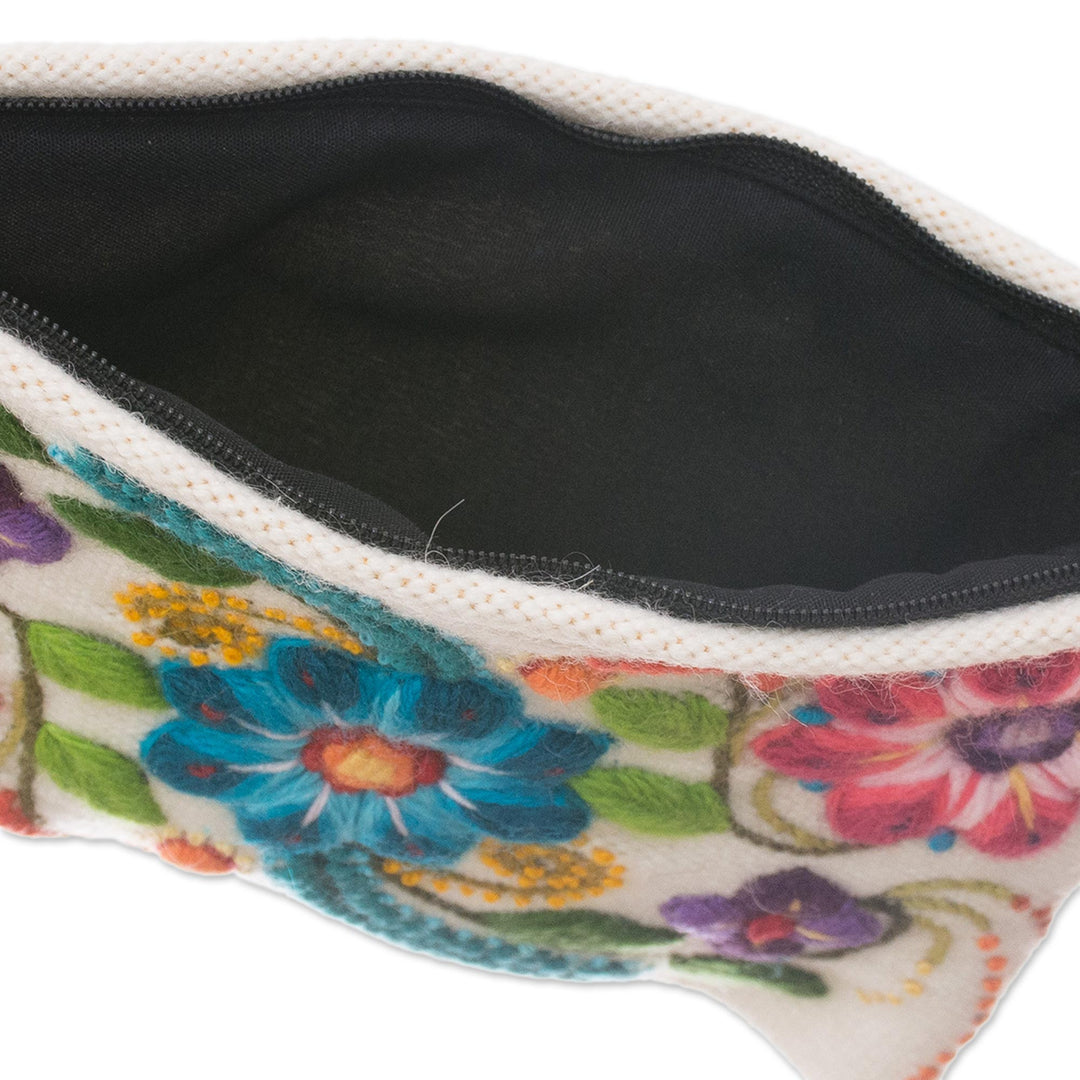 Floral Embroidered Alpaca Blend Clutch in Eggshell from Peru - Vibrant Flowers