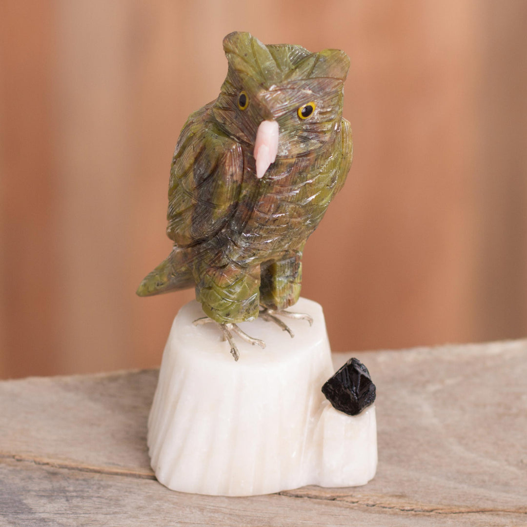 Gemstone Owl Sculpture in Green from Peru - Verdant Owl