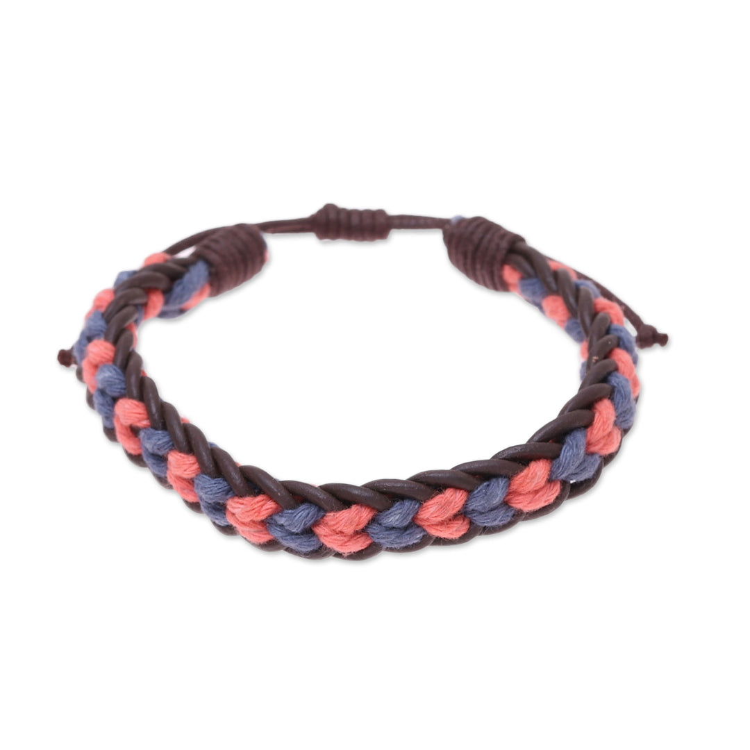 Men's Blue and Coral Cotton and Leather Braided Bracelet - Celebration Braid