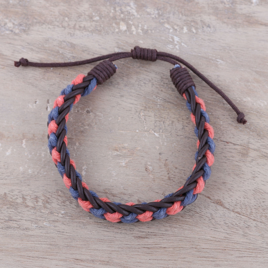 Men's Blue and Coral Cotton and Leather Braided Bracelet - Celebration Braid