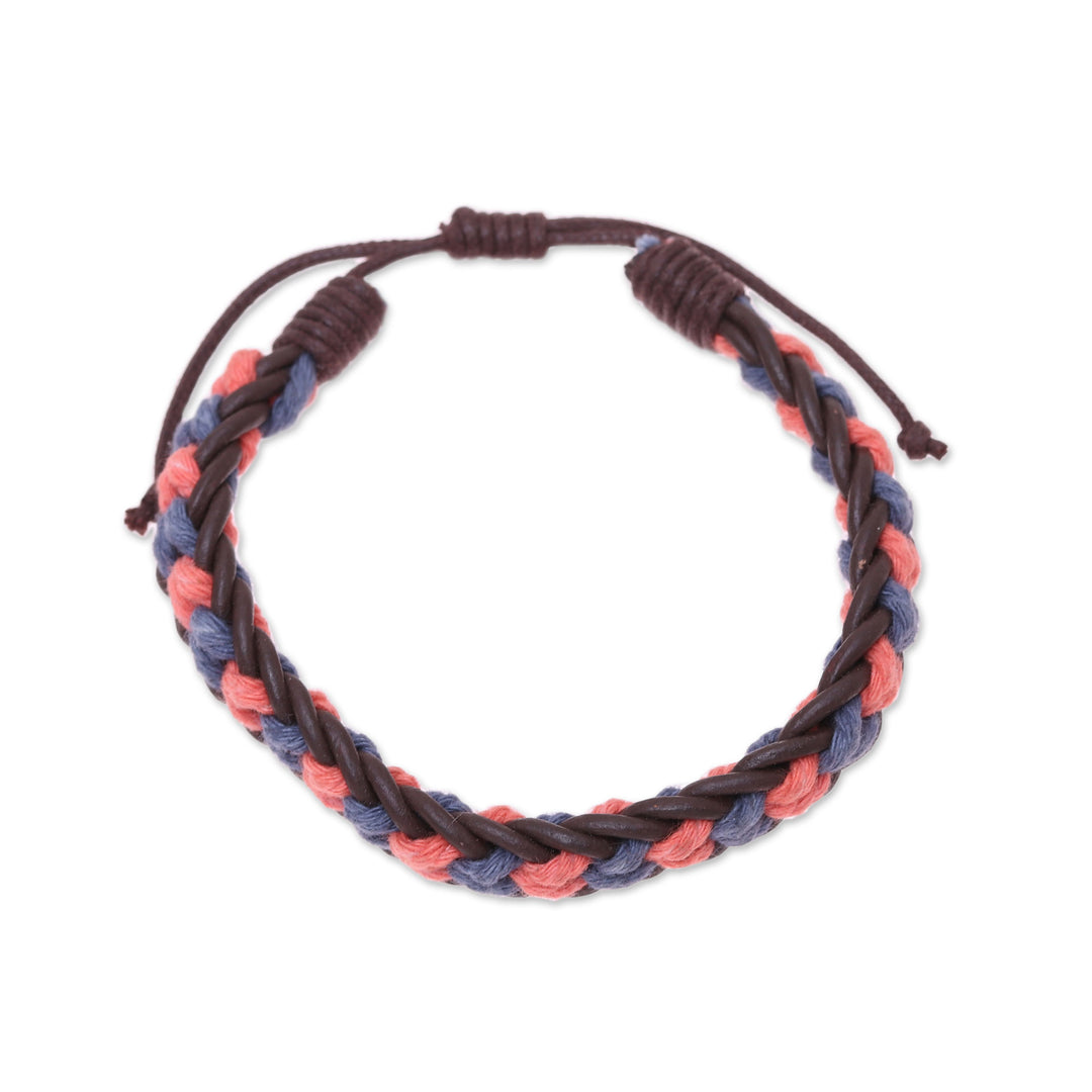 Men's Blue and Coral Cotton and Leather Braided Bracelet - Celebration Braid