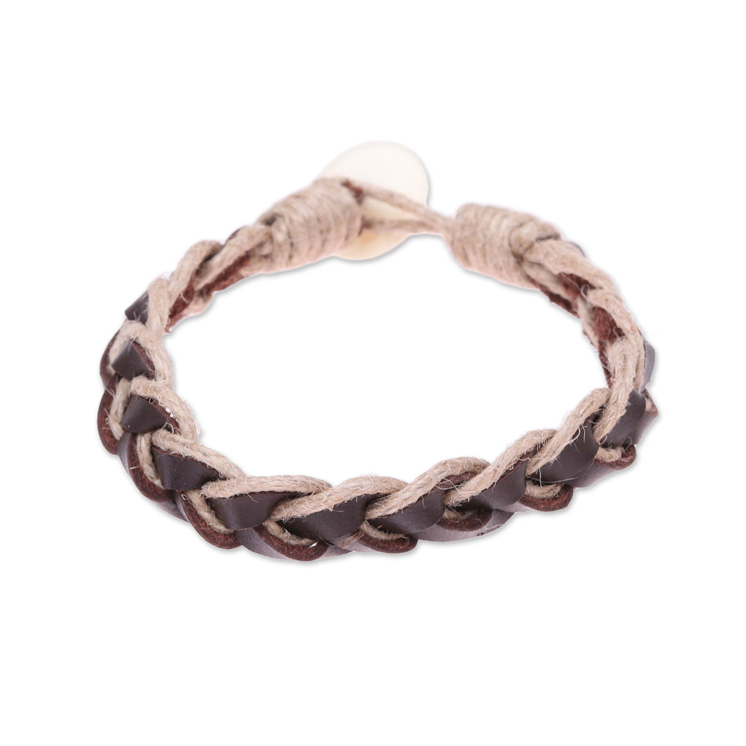 Brown Leather Coconut Fiber Cotton and Bone Braided Bracelet - Earthy Combo