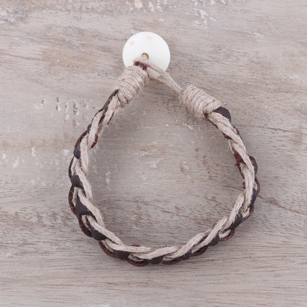 Brown Leather Coconut Fiber Cotton and Bone Braided Bracelet - Earthy Combo