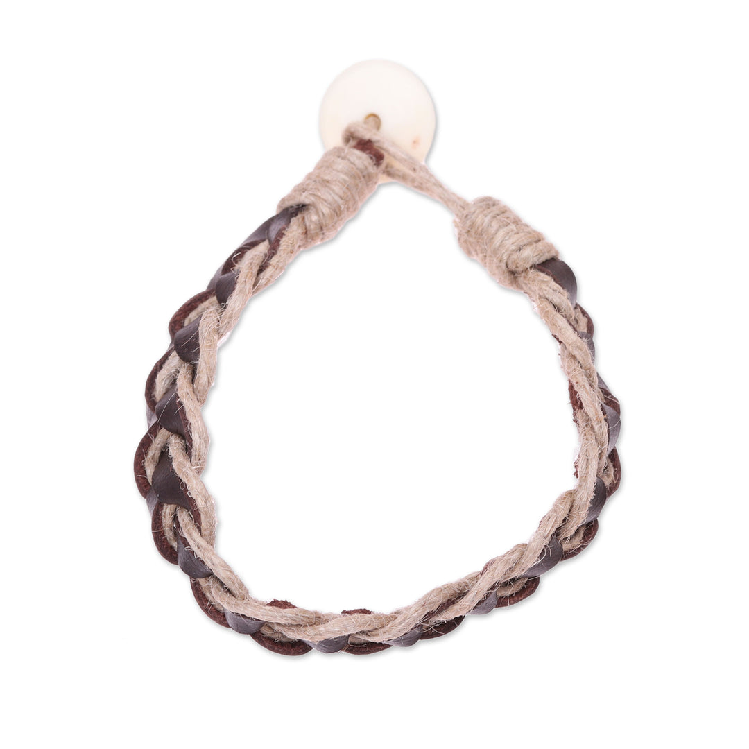 Brown Leather Coconut Fiber Cotton and Bone Braided Bracelet - Earthy Combo