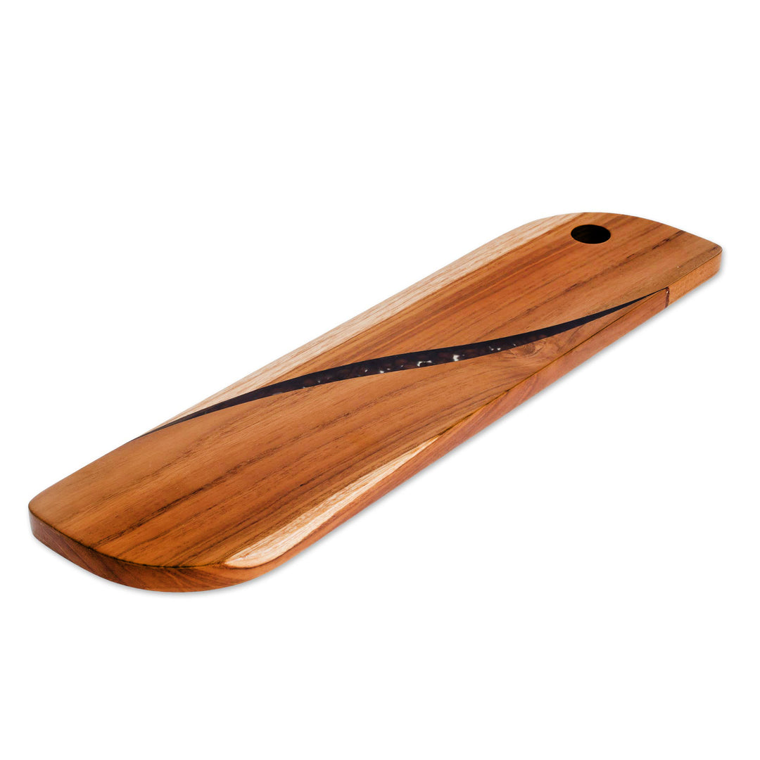 Coffee-Themed Long Teak Wood Charcuterie from Costa Rica - Greet the Morning
