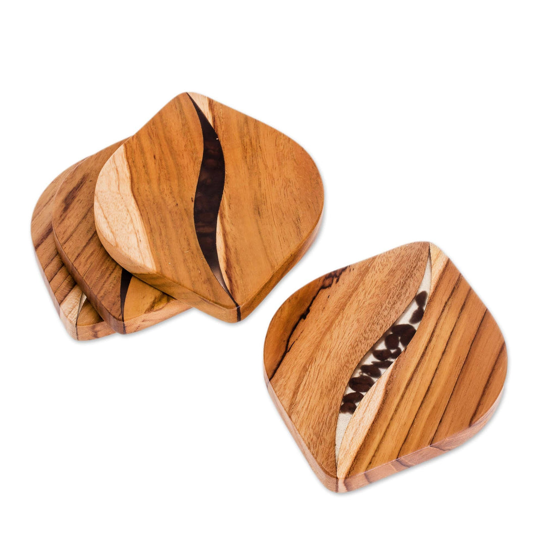 Coffee-Themed Teak Wood Coasters from Costa Rica (Set of 4) - Coffee Morning