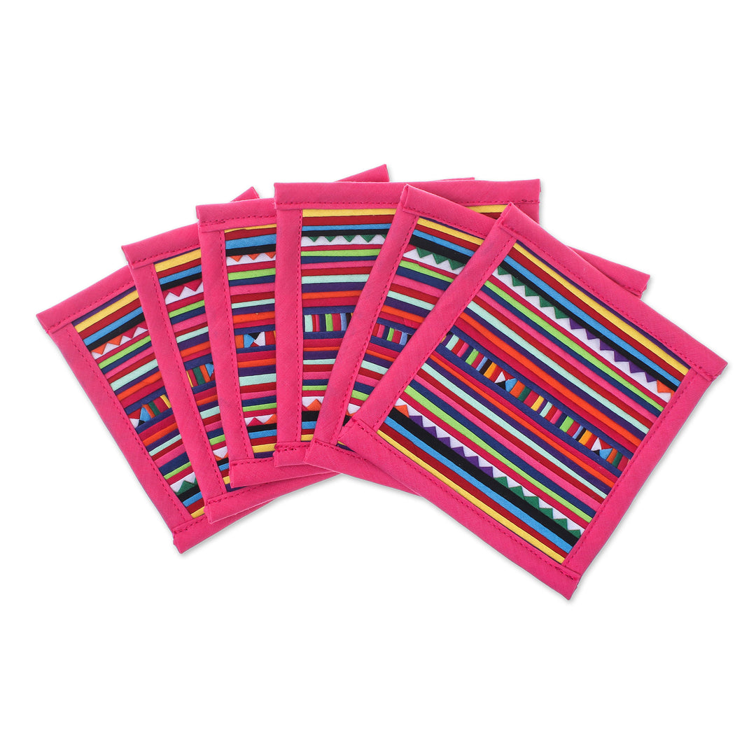 Cotton Patchwork Coasters with Pink Trim (Set of 6) - Sweet Lahu