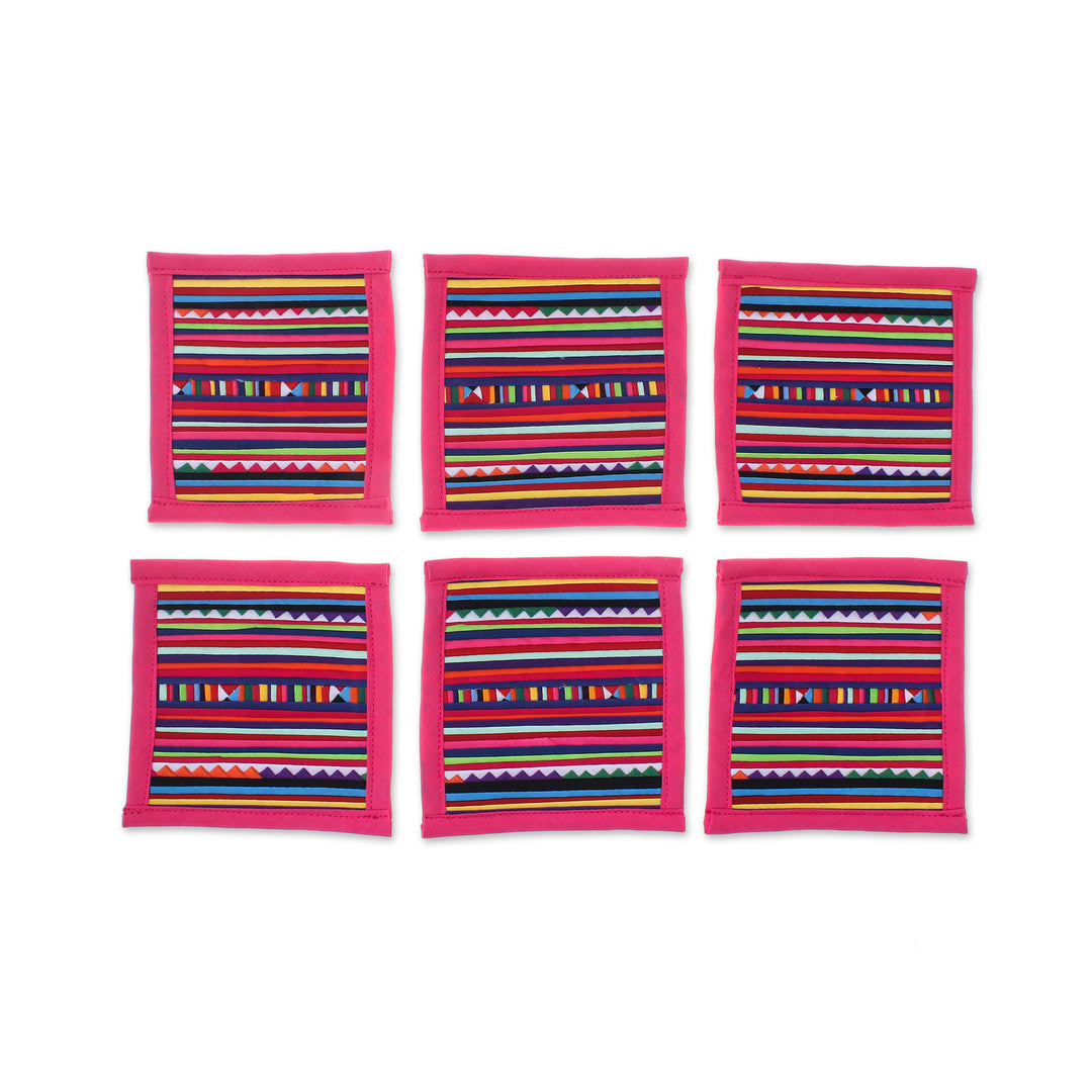 Cotton Patchwork Coasters with Pink Trim (Set of 6) - Sweet Lahu