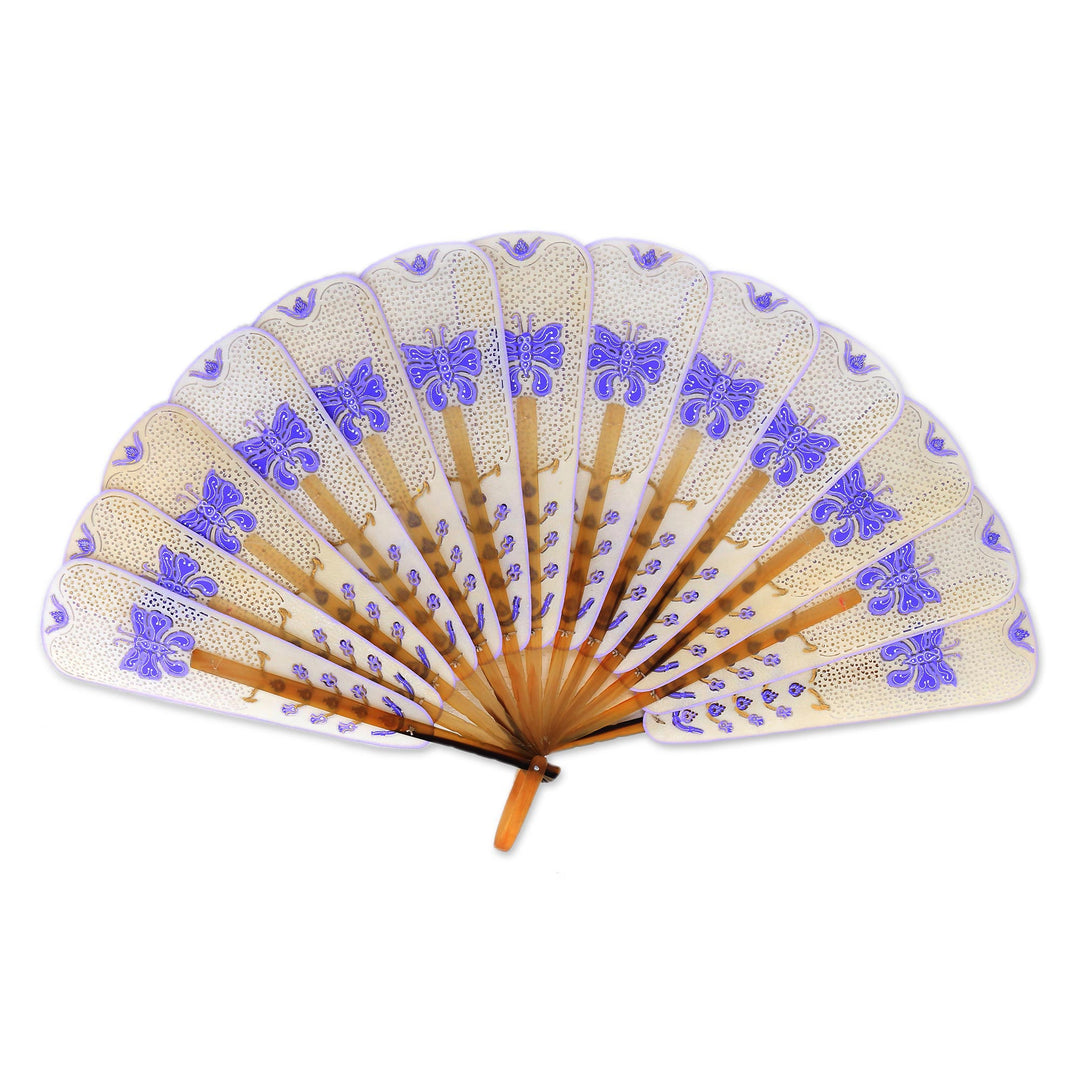 White and Purple Filigree Hand-Painted Leather Fan - Purple Butterfly Arch