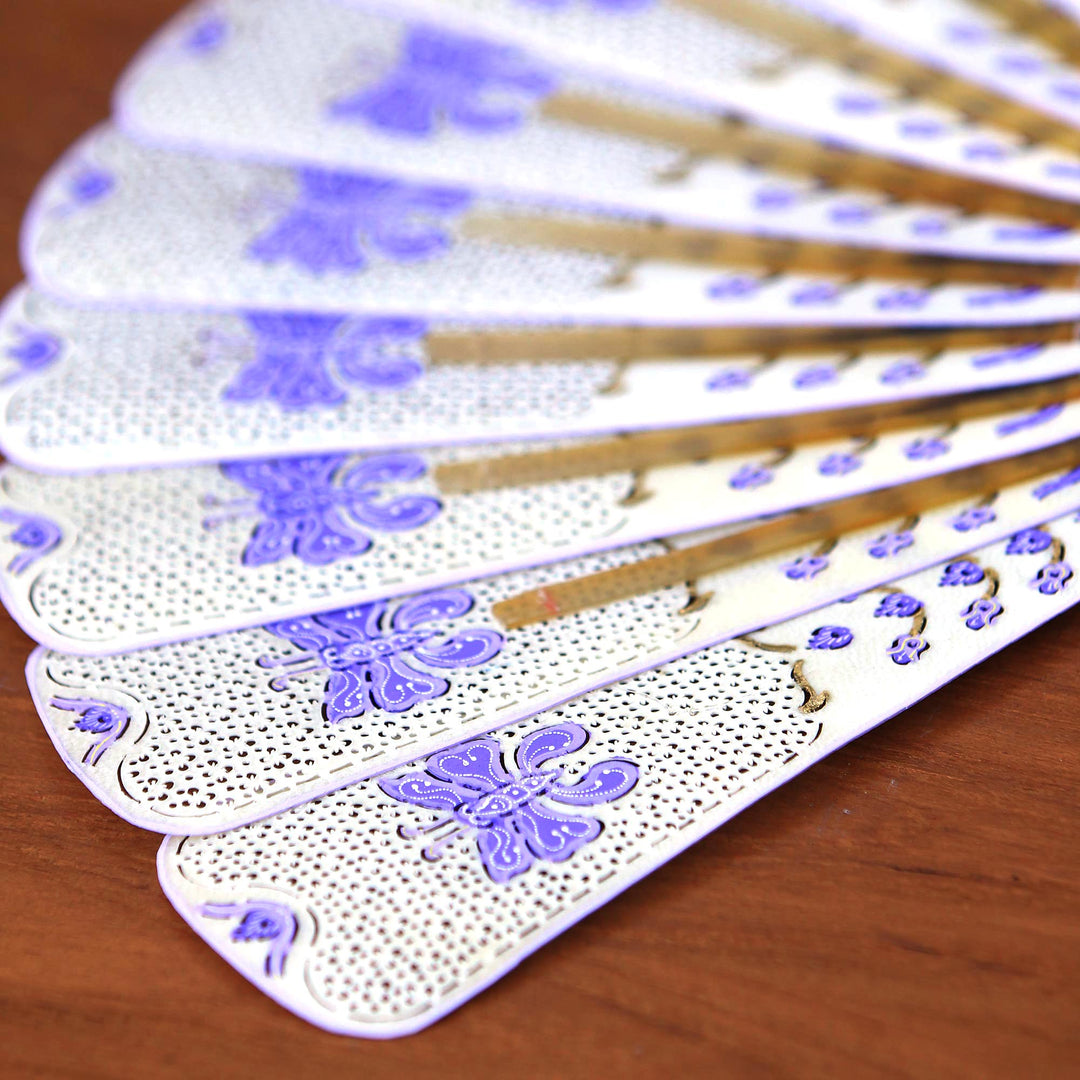 White and Purple Filigree Hand-Painted Leather Fan - Purple Butterfly Arch