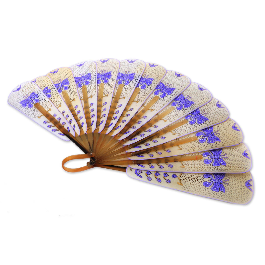 White and Purple Filigree Hand-Painted Leather Fan - Purple Butterfly Arch