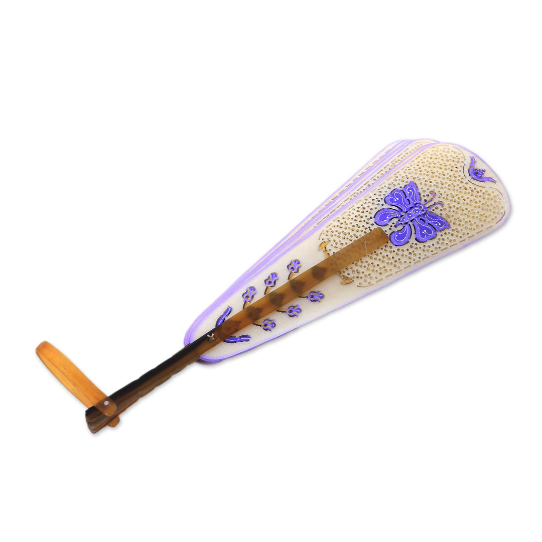 White and Purple Filigree Hand-Painted Leather Fan - Purple Butterfly Arch