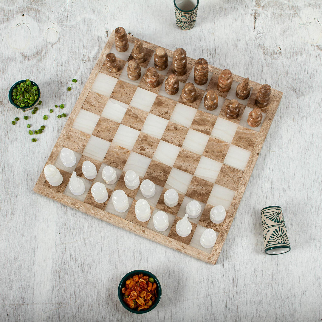 Onyx and Marble Chess Set in Brown and Beige (13.5 in.) - Nature's Challenge
