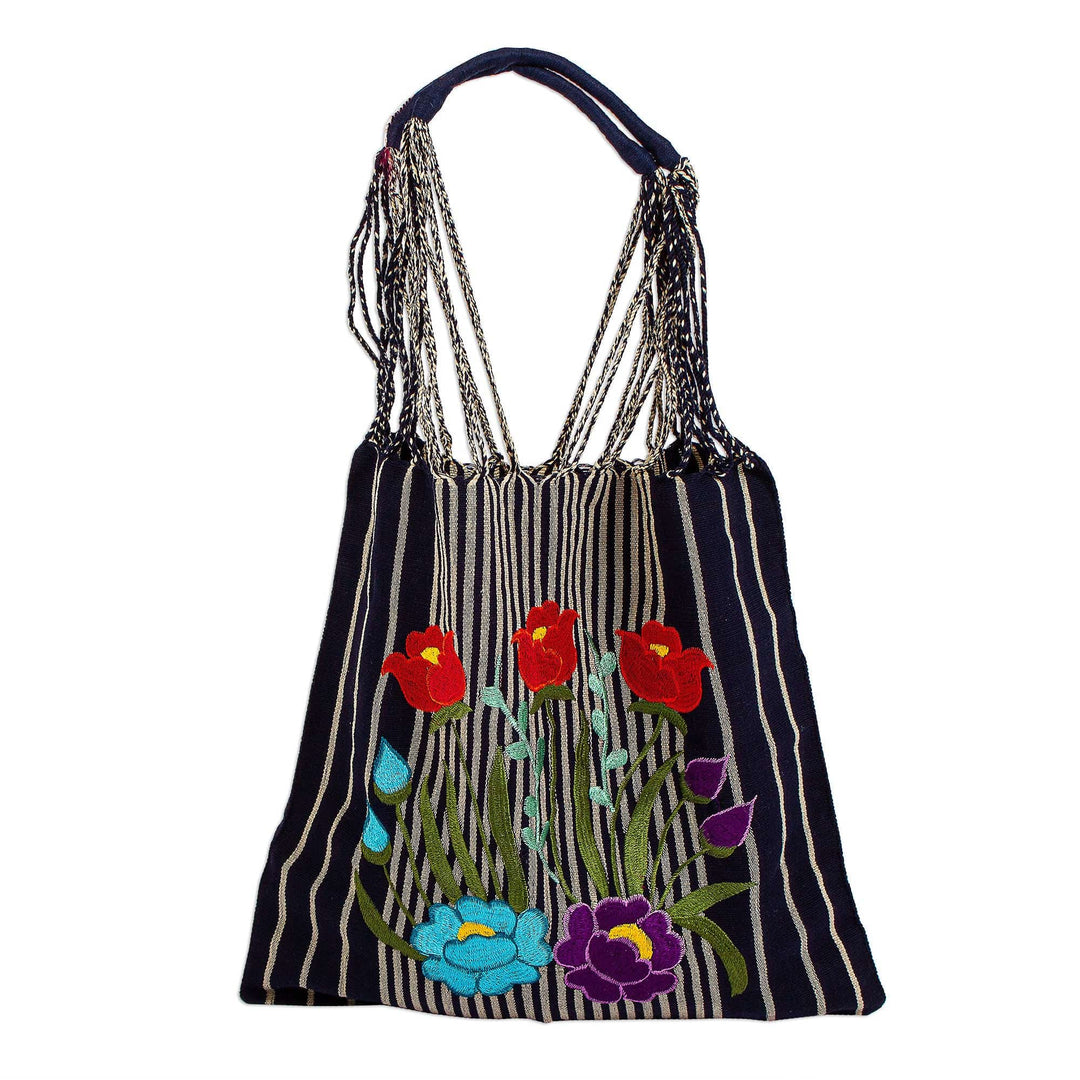 Striped Floral Cotton Tote in Navy from Mexico - Navy Bouquet