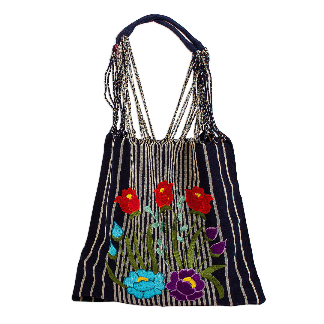Floral Embroidered Striped 100% Cotton Tote Bag in Navy Hues - Navy Bouquet