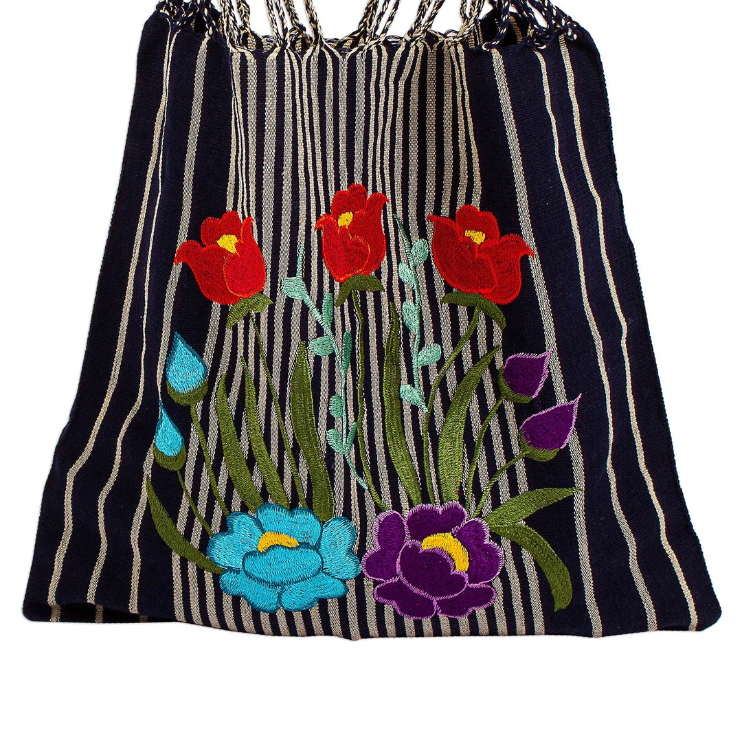 Striped Floral Cotton Tote in Navy from Mexico - Navy Bouquet