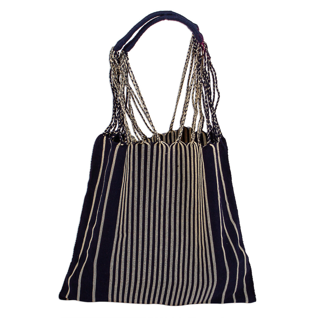 Floral Embroidered Striped 100% Cotton Tote Bag in Navy Hues - Navy Bouquet