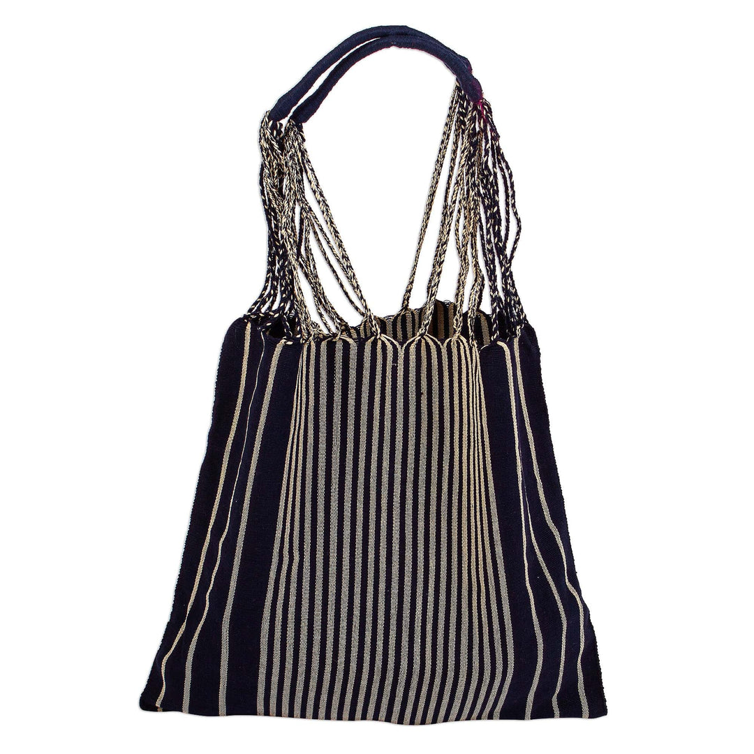 Striped Floral Cotton Tote in Navy from Mexico - Navy Bouquet
