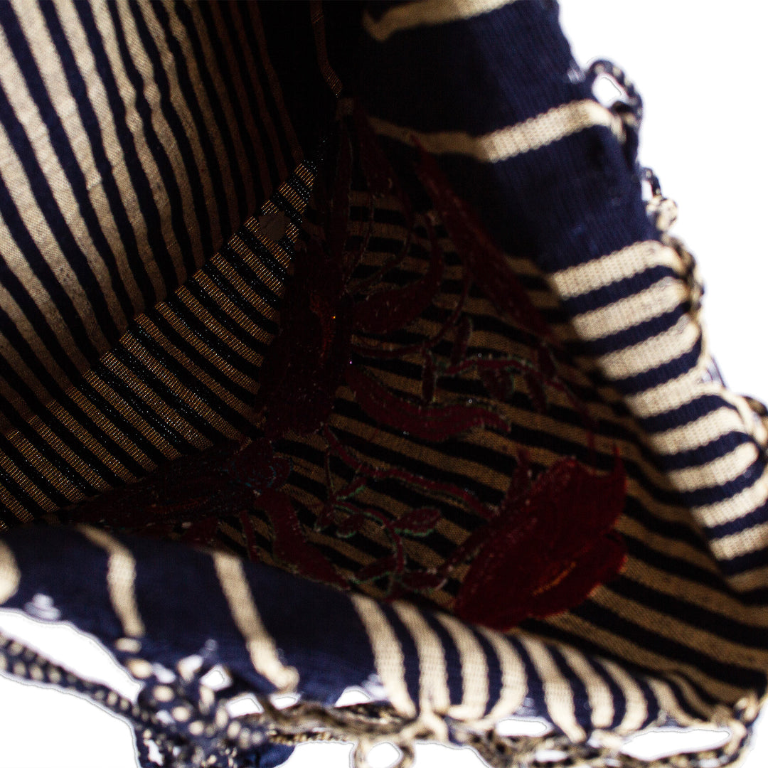 Floral Embroidered Striped 100% Cotton Tote Bag in Navy Hues - Navy Bouquet