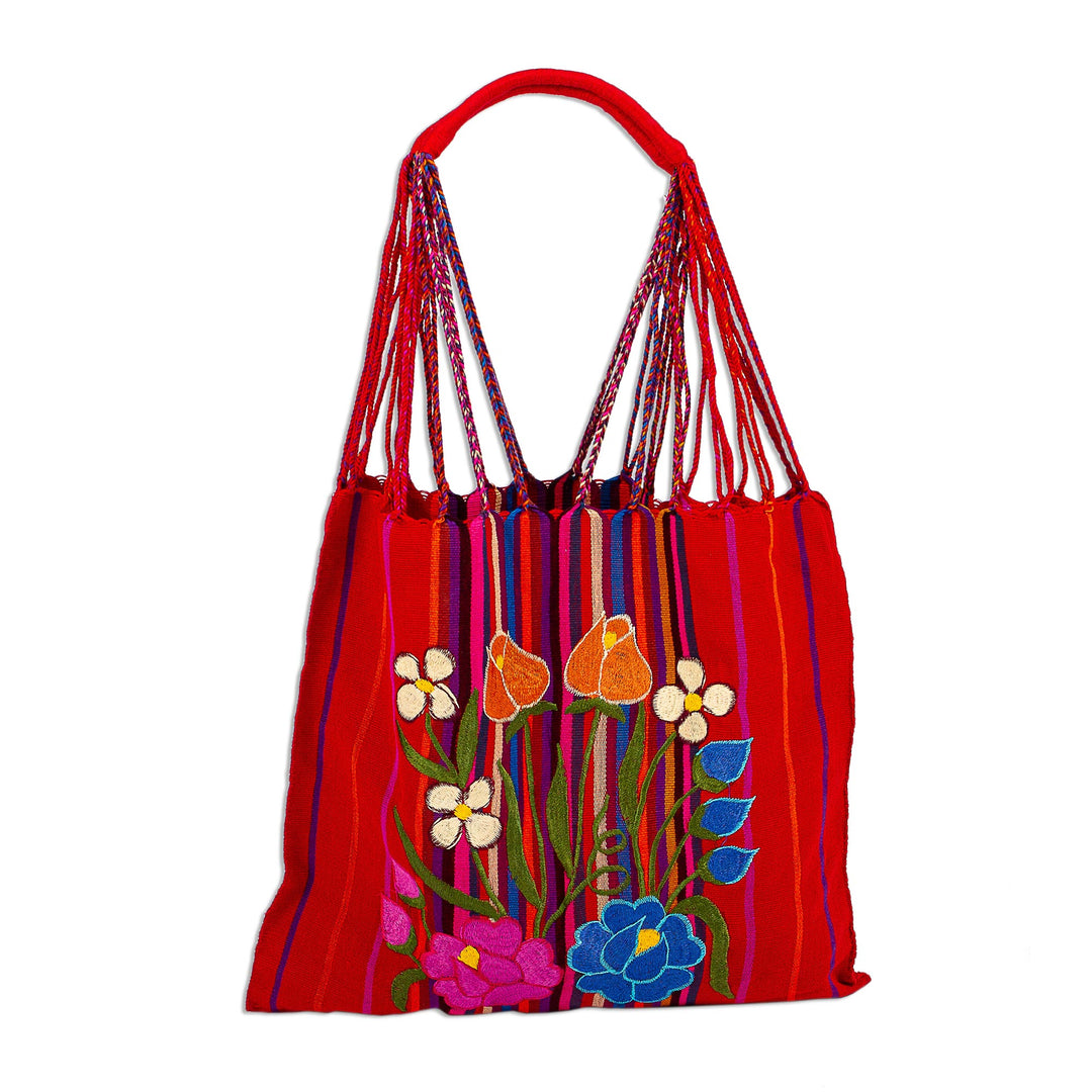 Handwoven Floral Cotton Tote from Mexico - Rainbow Bouquet