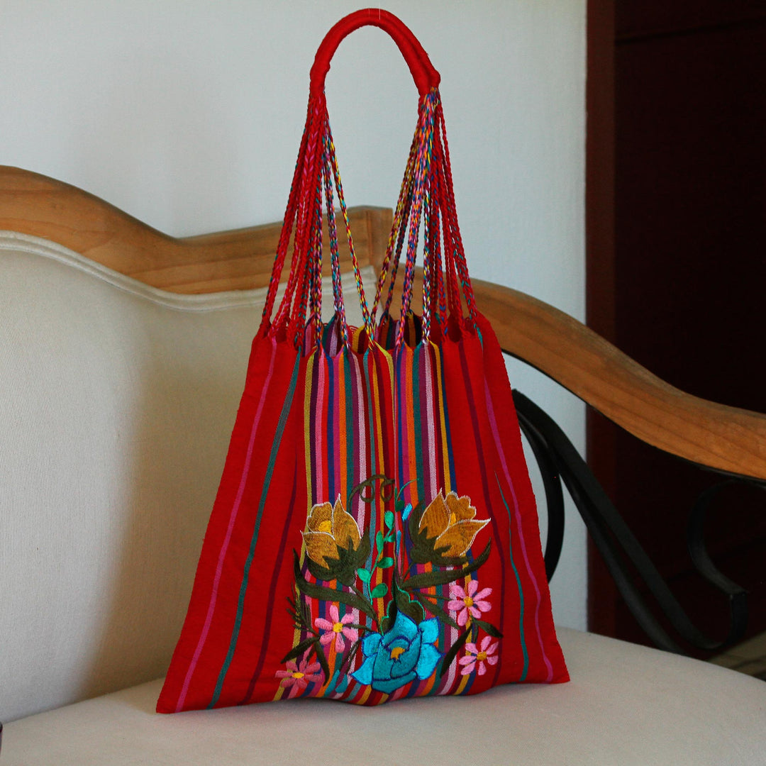 Handwoven Floral Cotton Tote from Mexico - Rainbow Bouquet