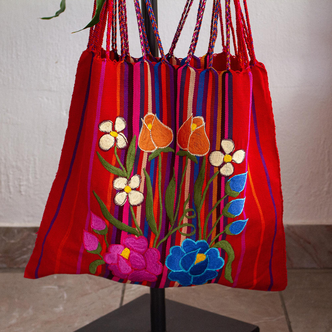 Handwoven Floral Cotton Tote from Mexico - Rainbow Bouquet