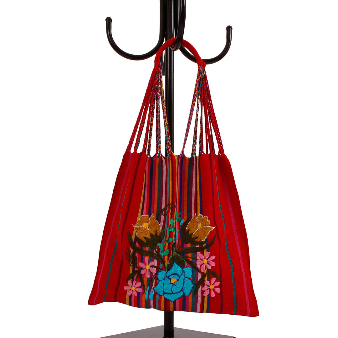 Handwoven Floral Cotton Tote from Mexico - Rainbow Bouquet