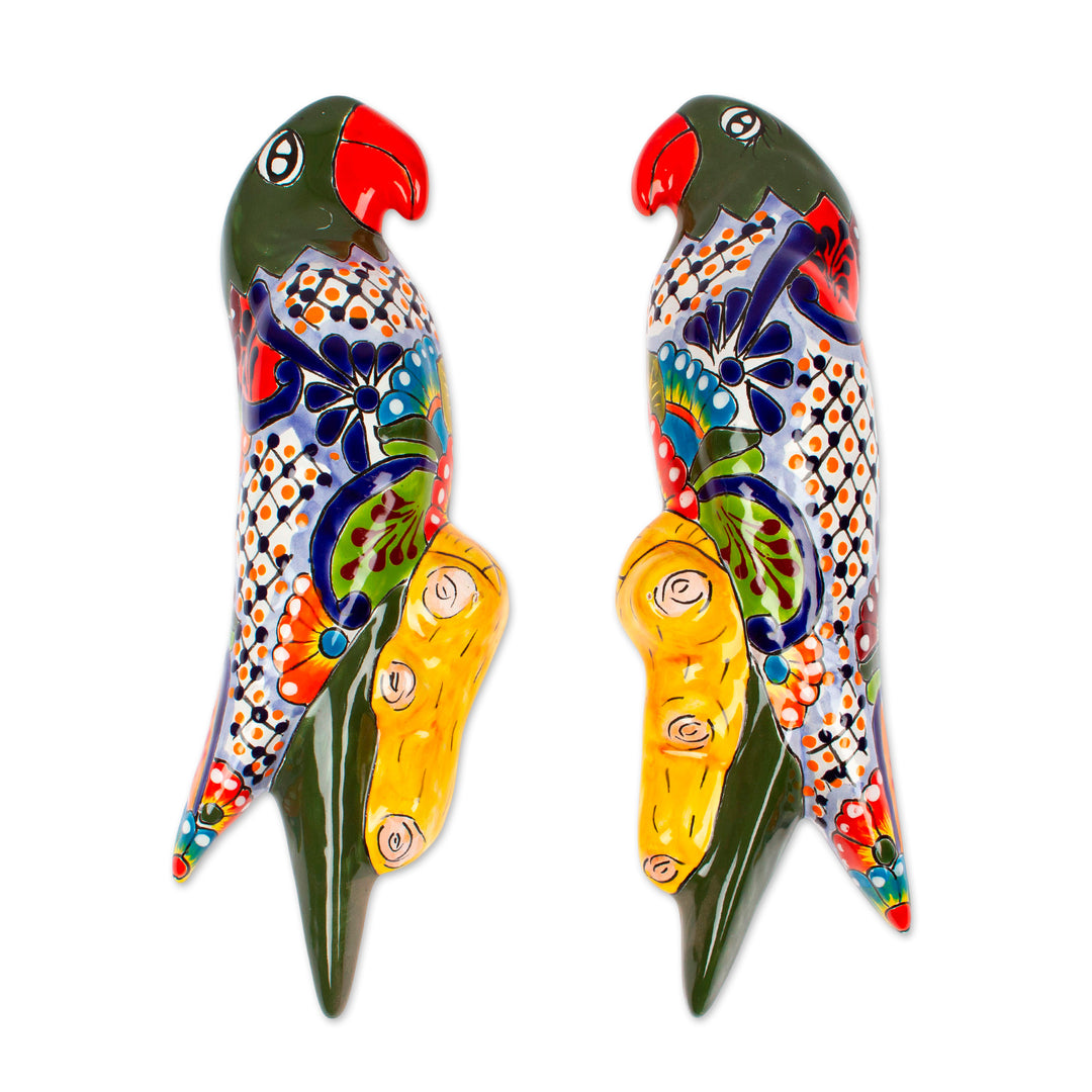Ceramic Parrot Wall Sculptures from Mexico (Pair) - Parrot Friends