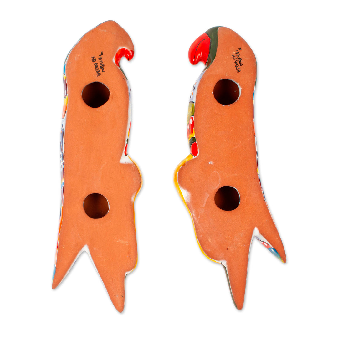 Ceramic Parrot Wall Sculptures from Mexico (Pair) - Parrot Friends