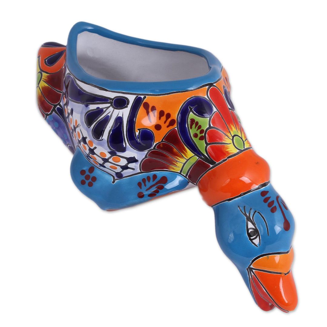 Hand-Painted Ceramic Duck Flower Pot from Mexico - Feeding Duck