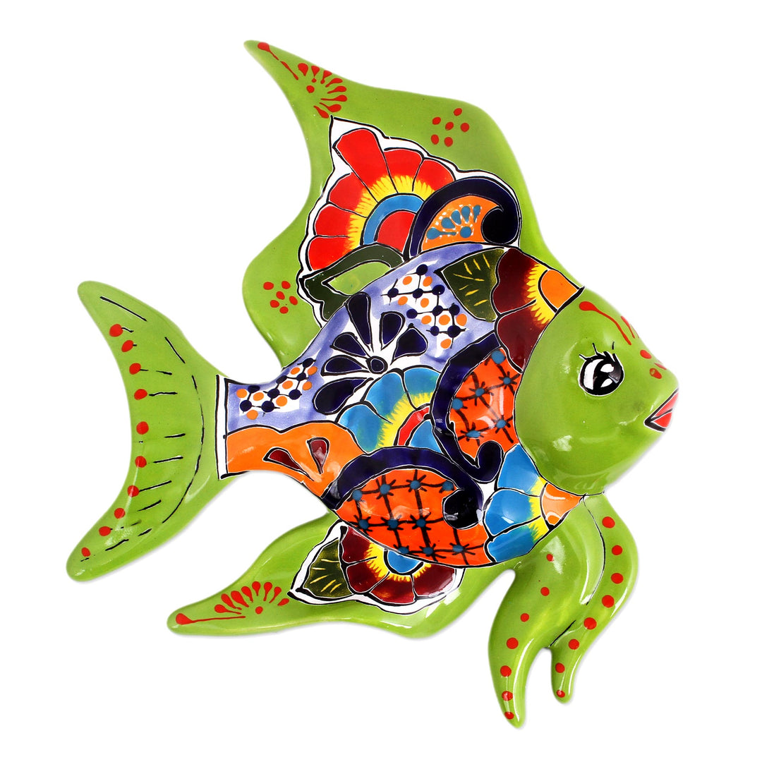 Hand-Painted Ceramic Fish Wall Sculpture from Mexico - Green Angelfish